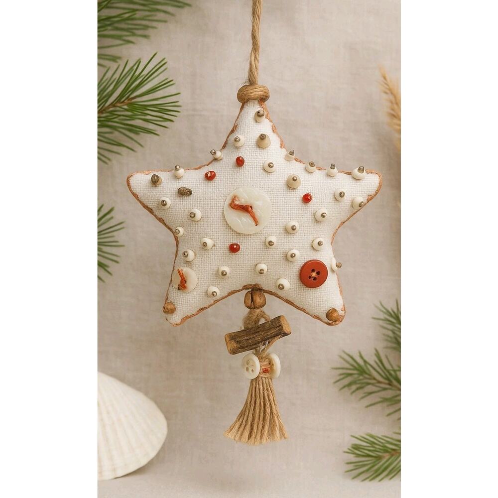Handmade Zari Beaded Star Ornament Boho Coastal Christmas Jute Tassel Beach